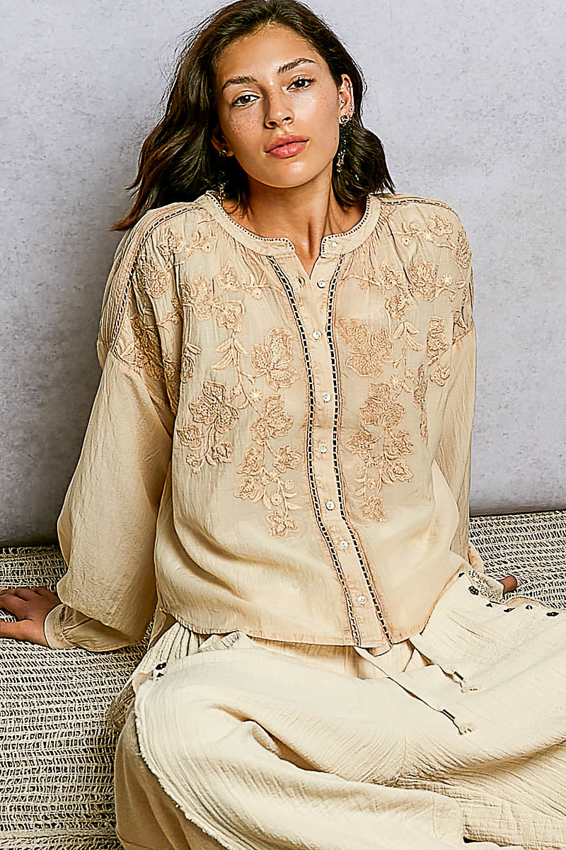 POL Almond Embroidery Button Down Long Sleeve Bohemian Washed Shirt