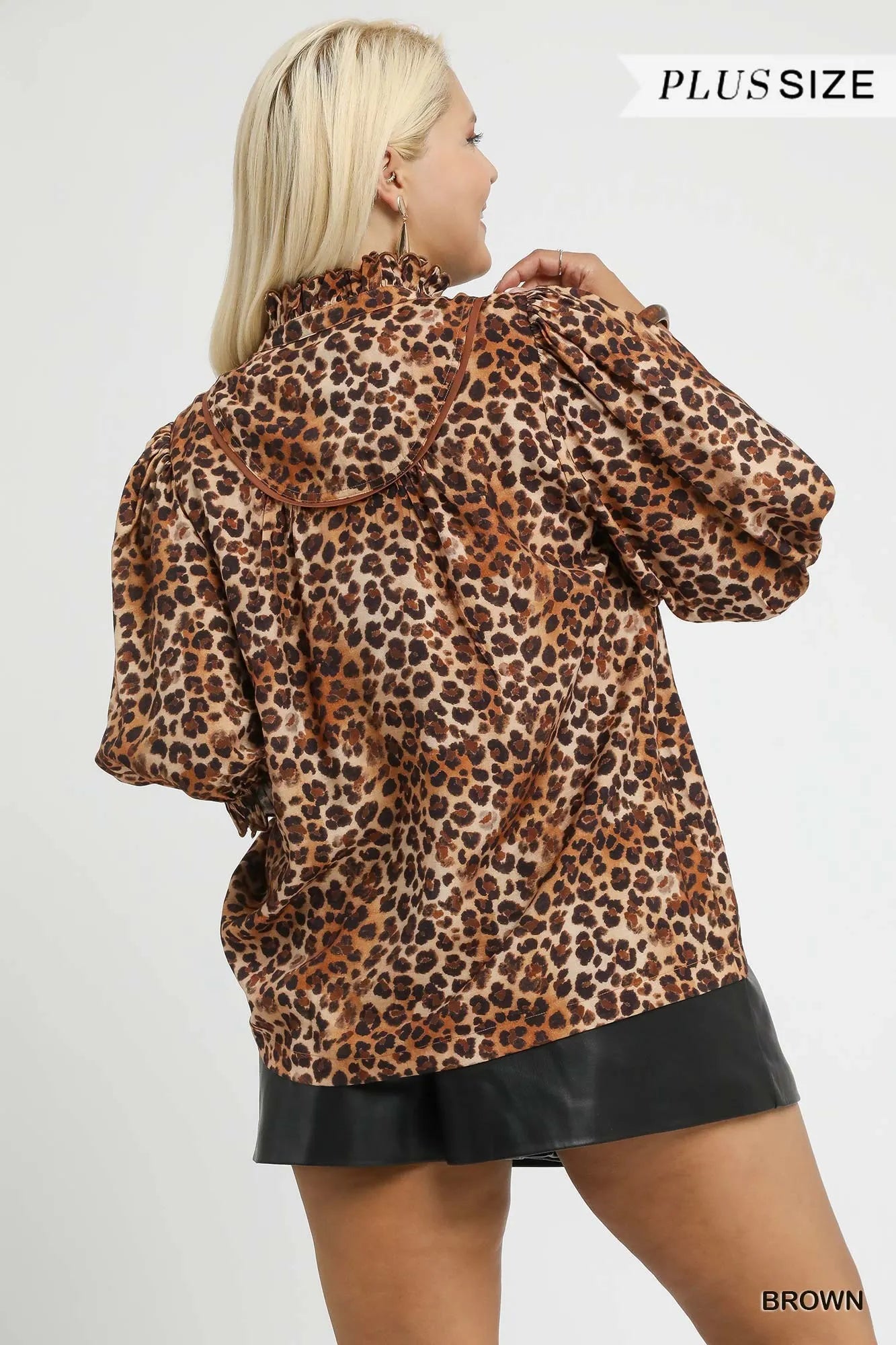 Umgee Brown Leopard Print Ruffle Neck Blouse