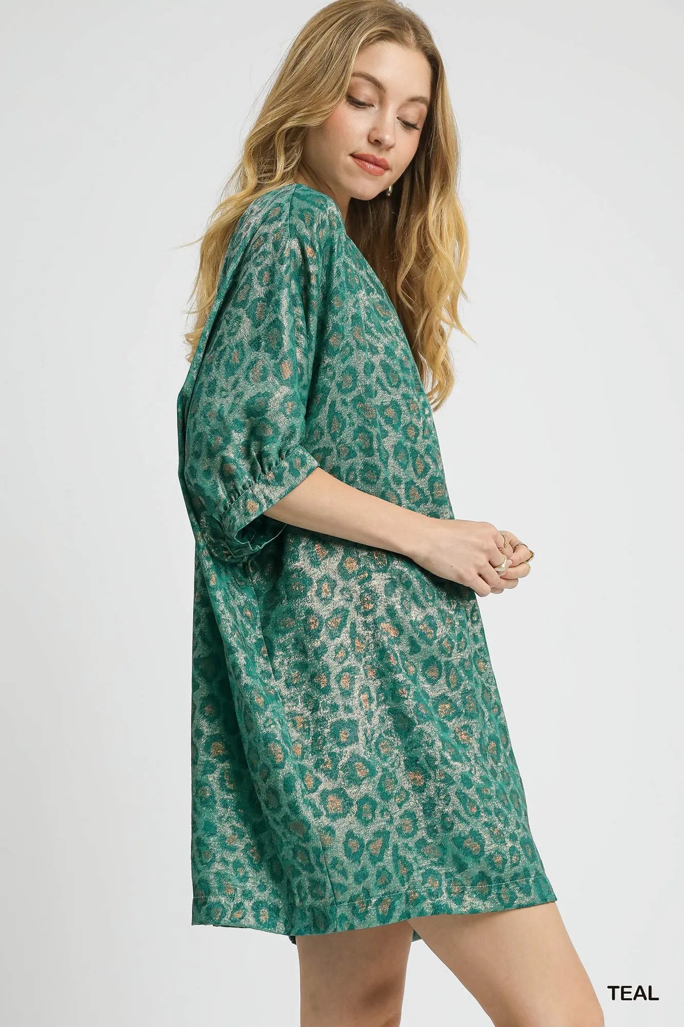 Umgee Teal Metallic Leopard Print V-Neck Kimono Dress