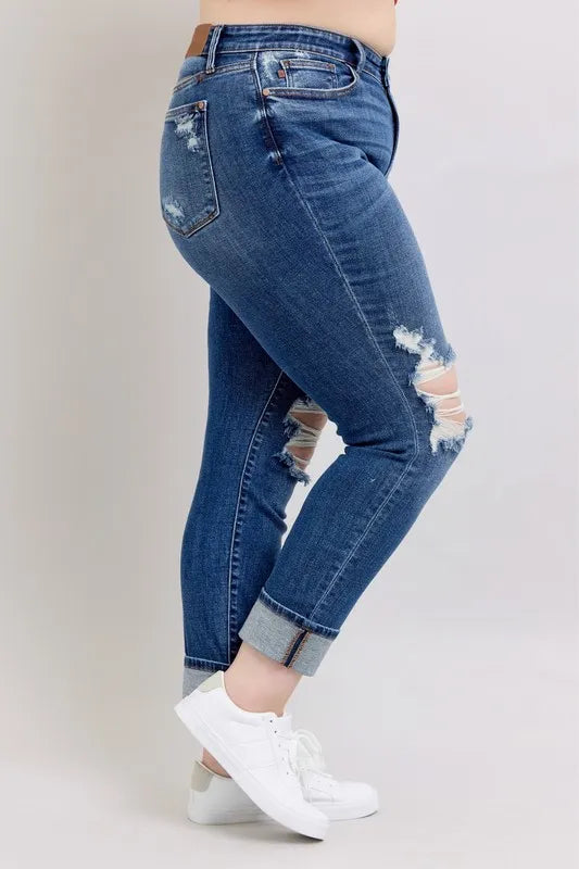 Judy Blue Dark Washed Midi Rise Boyfriend Destroyed Jeans with Yoke Pockets and Faux Selvedge Cuff