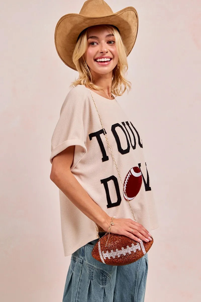 BiBi Oatmeal & Black Game Day Touchdown Letter Patches Waffle Short Top