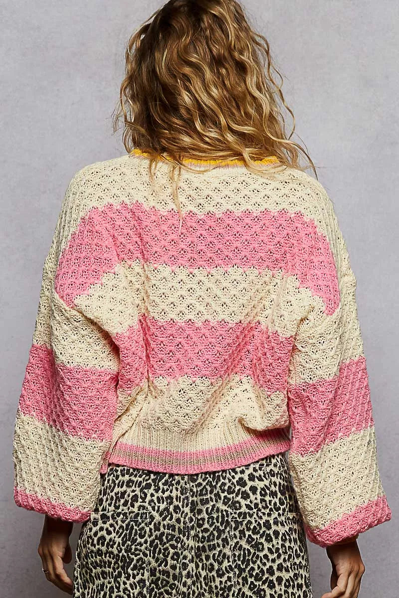 POL Pink Stripe Contrast Striped Round Neck Sweater with Textured Cable Knit Pattern