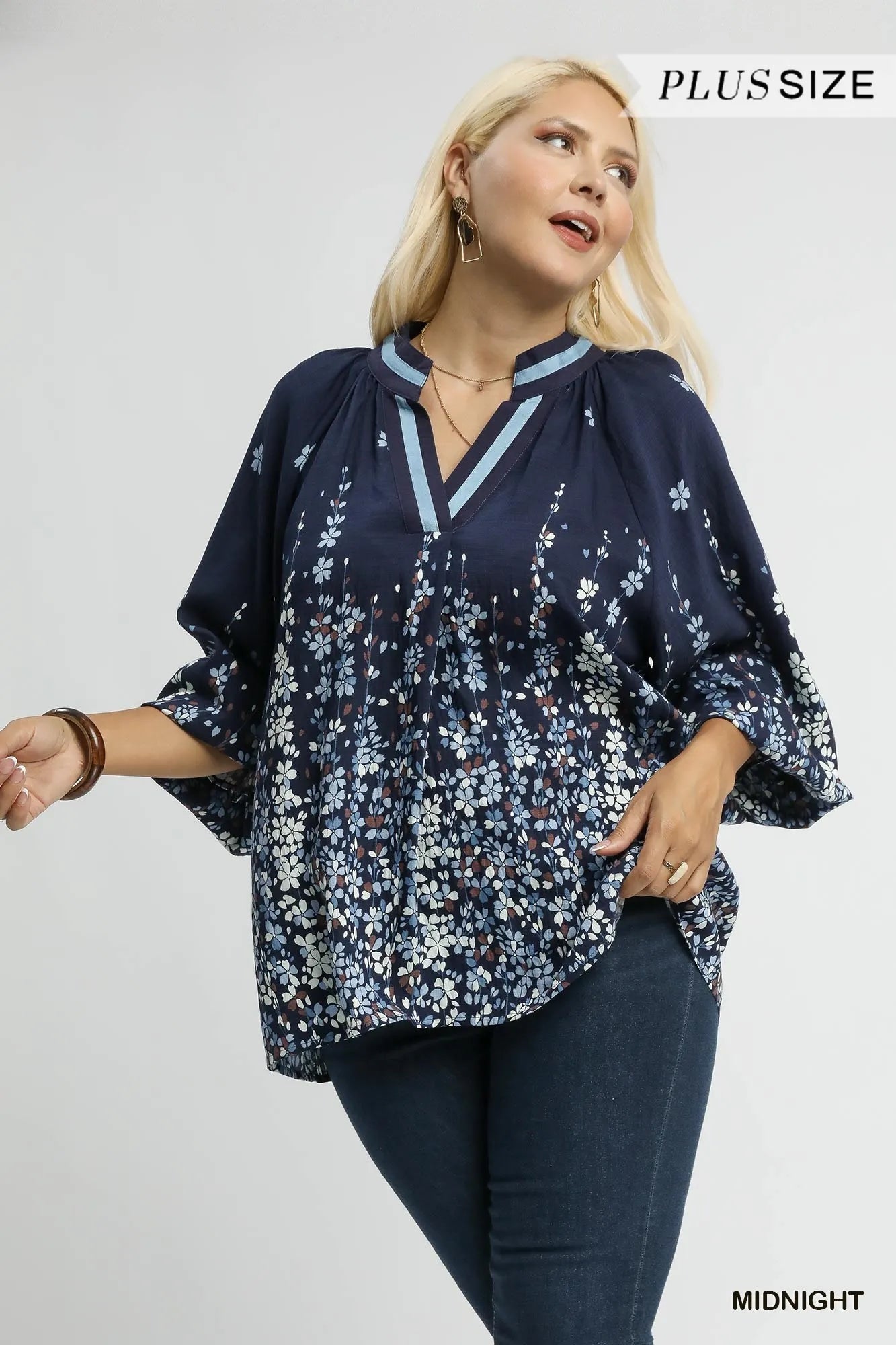 Umgee Midnight Floral Vine Print Blouse with Balloon Sleeves