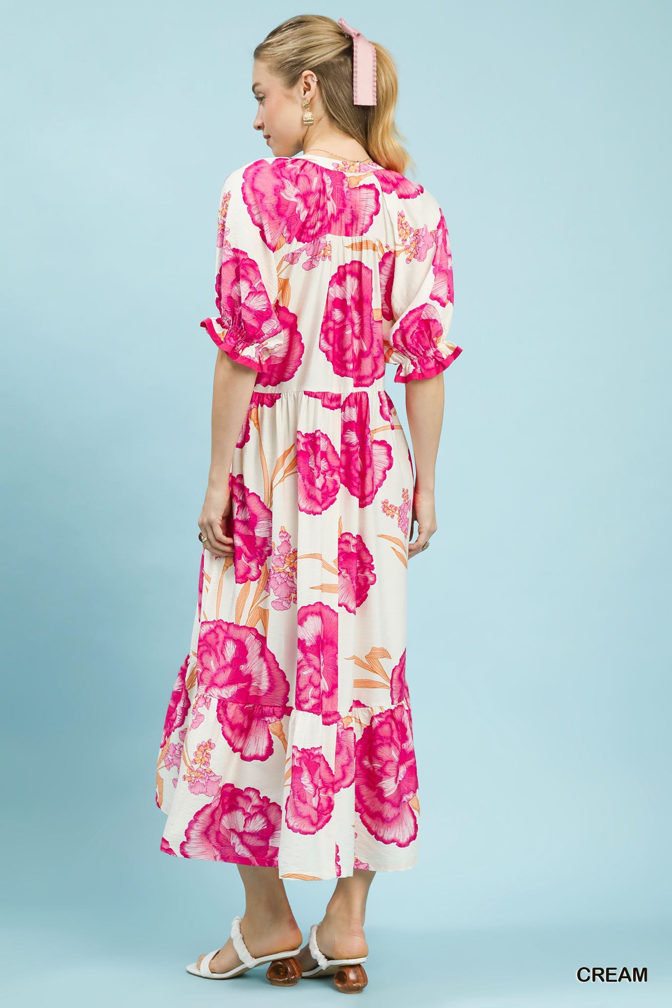 Umgee Cream Floral Print Midi Dress with Contrast Trim