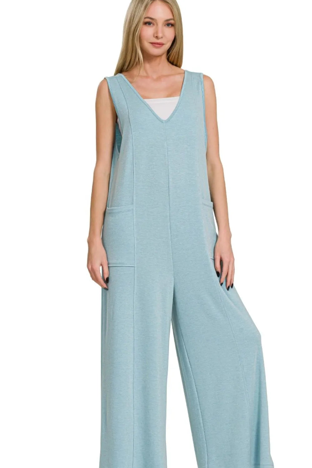 Zenana Dusty Teal French Terry Deep V Neck Jumpsuits