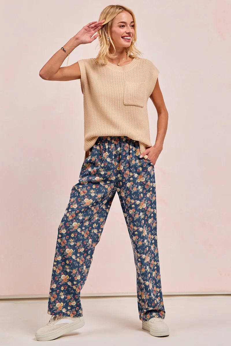 BiBi Washed Floral Print Wide Leg Jeans