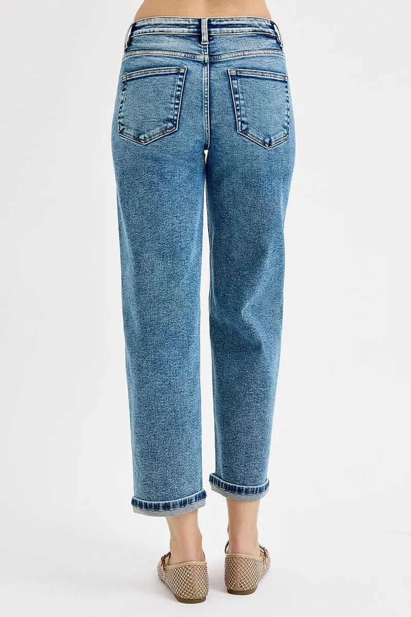 RISEN Medium Washed High Rise Crop Boyfriend Jeans