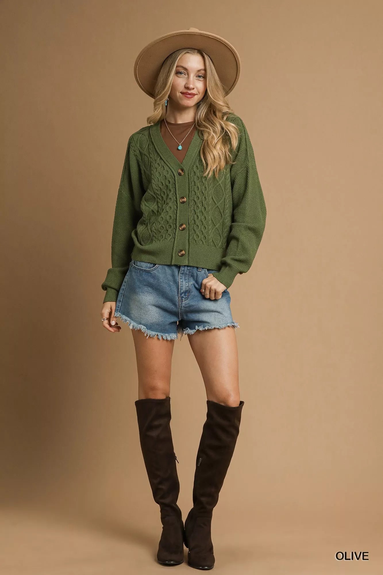 Umgee Olive Chunky Cable Knit V-Neck Button-Up Cardigan