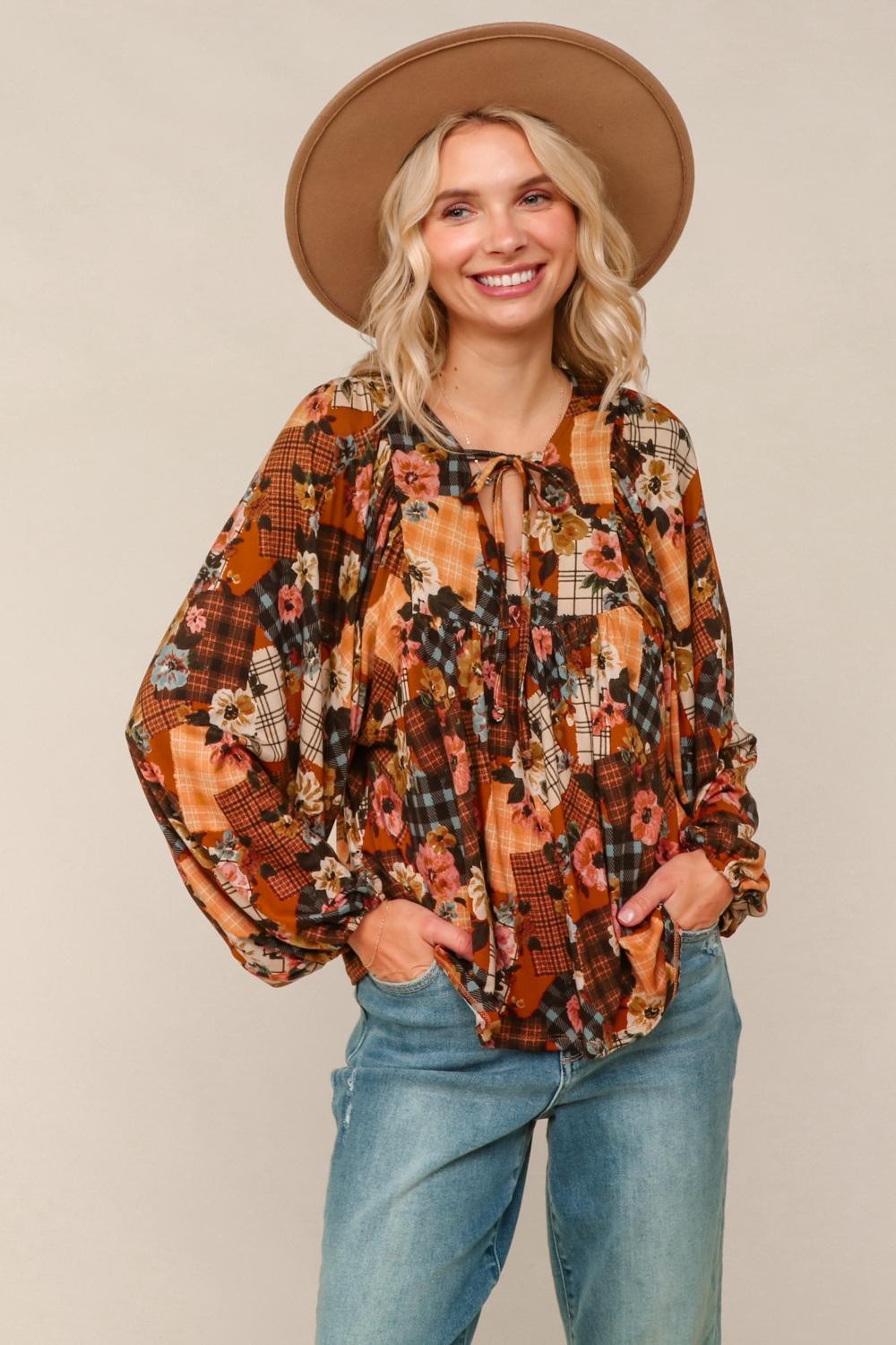Haptics Burnt Orange V Neck Floral Patchwork Print Long Sleeve Blouse