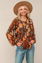 Haptics Burnt Orange V Neck Floral Patchwork Print Long Sleeve Blouse