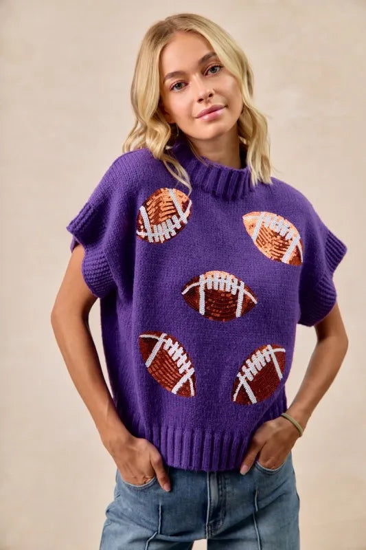 BiBi Purple Game Day Sequin Football Patches Rib Banded Sweater