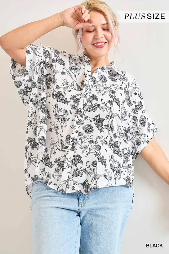 Umgee Black Two Tone Floral Print Top