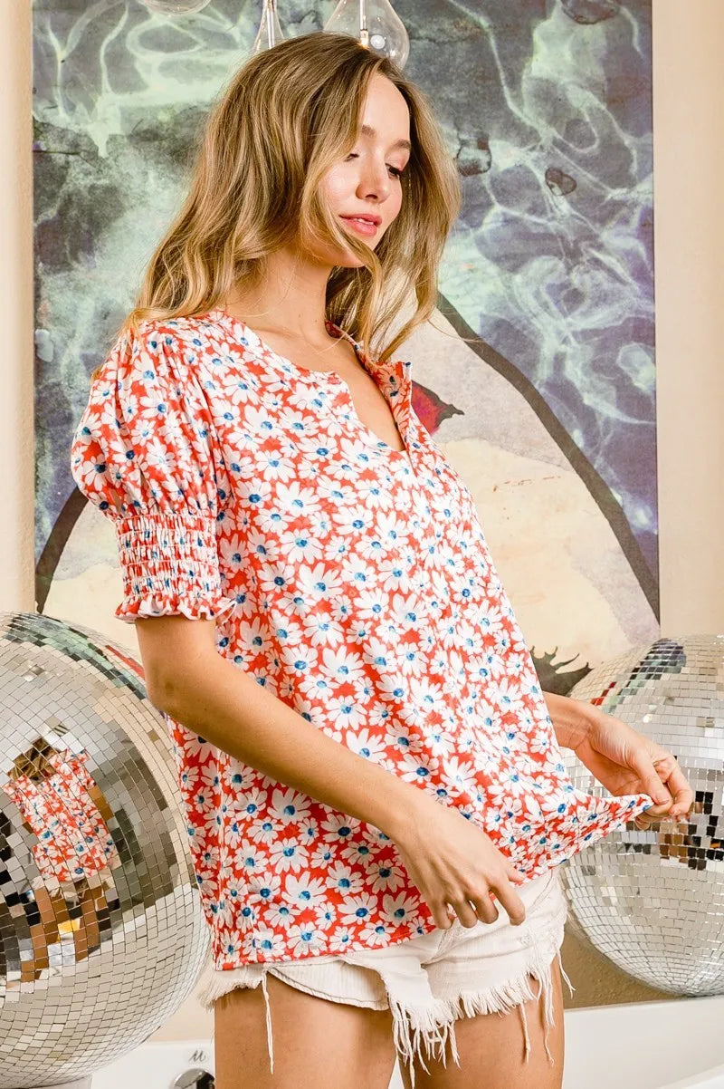 BiBi Floral Jacquard Smoked Puff Sleeves V Neck Top