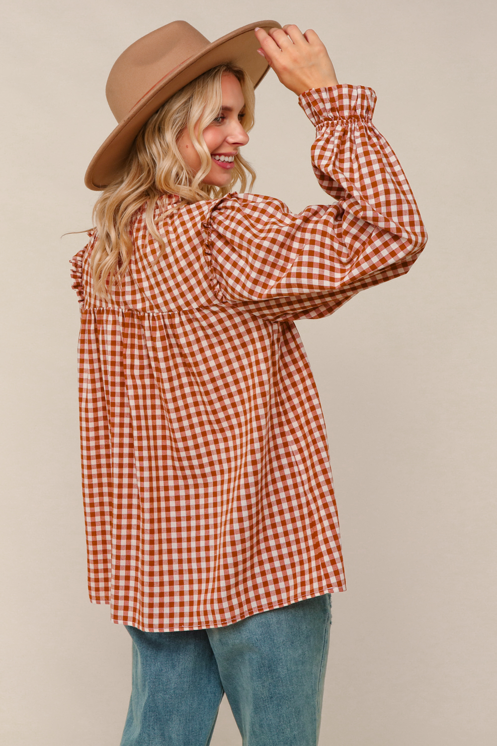 Haptics Rust Gingham Shirred Yoke Frilled Mock Neck Long Sleeve Blouse