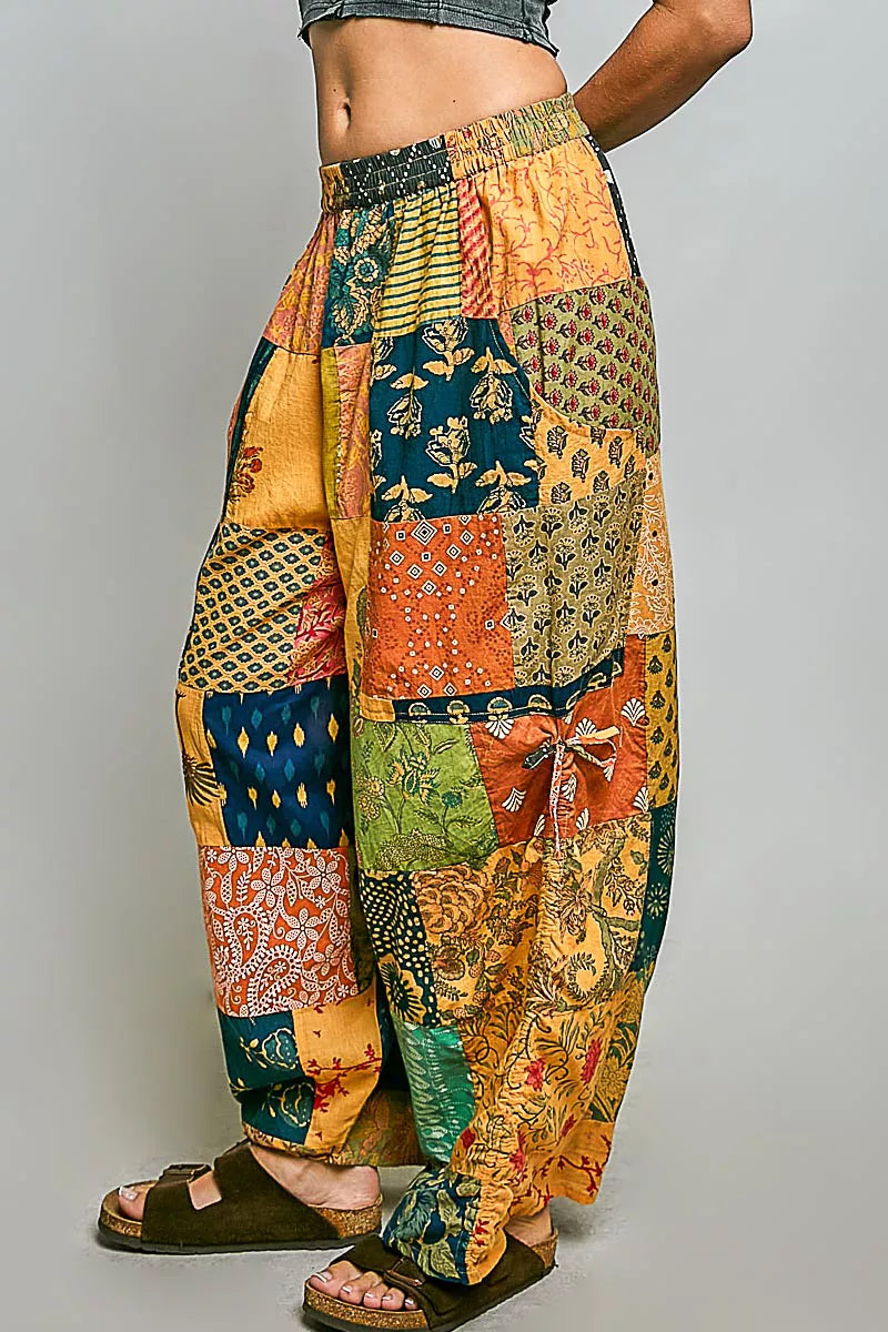 POL Honey Multi Printed Patchwork Wide Leg Pants with Adjustable Side Drawstring
