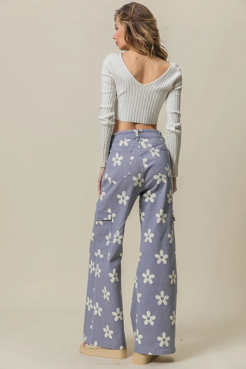 BiBi Dusty Lavender Flower Printed Side Pocket Wide Pants