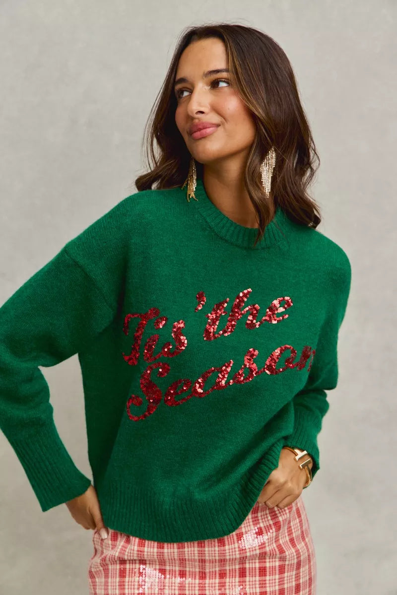 SO ME Hunter Green Sequins Lettering Christmas Holiday Sweater