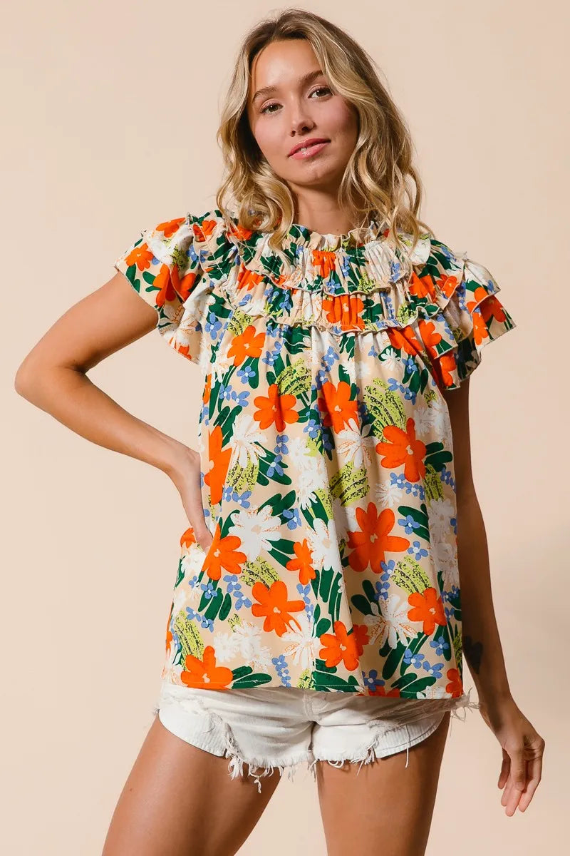 BiBi Cream & Multi Color Floral Print Woven Ruffle Sleeve Blouse