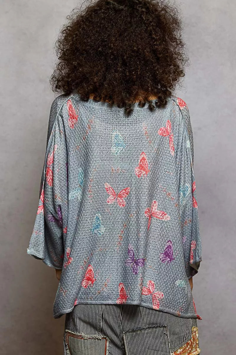 POL Heather Grey Butterflies Pattern Round Neck knit Top with Outseam Rolling Edge