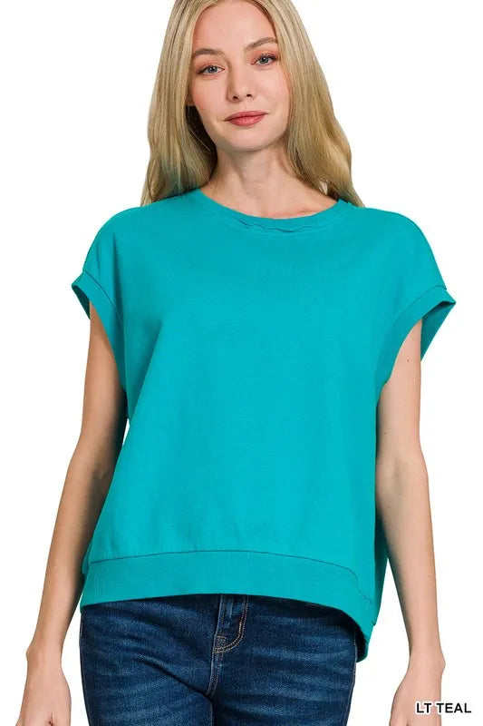 Zenana Light Teal French Terry Round Neck Cap Sleeve T-Shirt LT TEAL