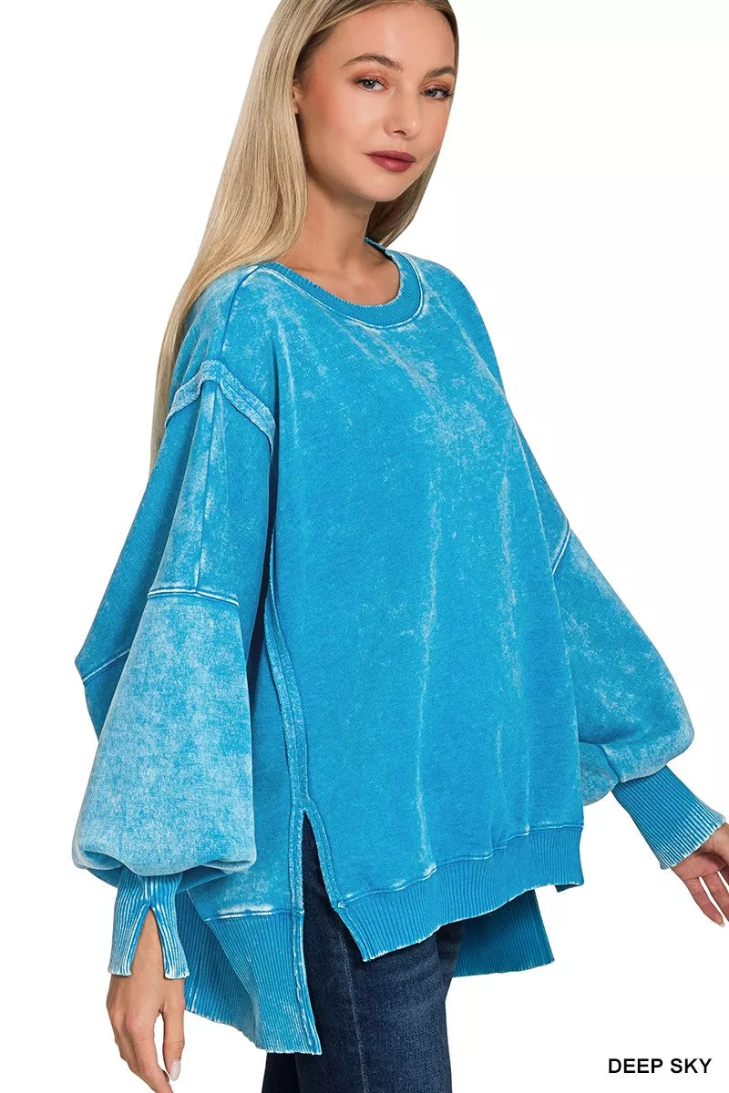 Zenana Deep Sky Acid Washed Batwing Sleeve Fleece Sweatshirt