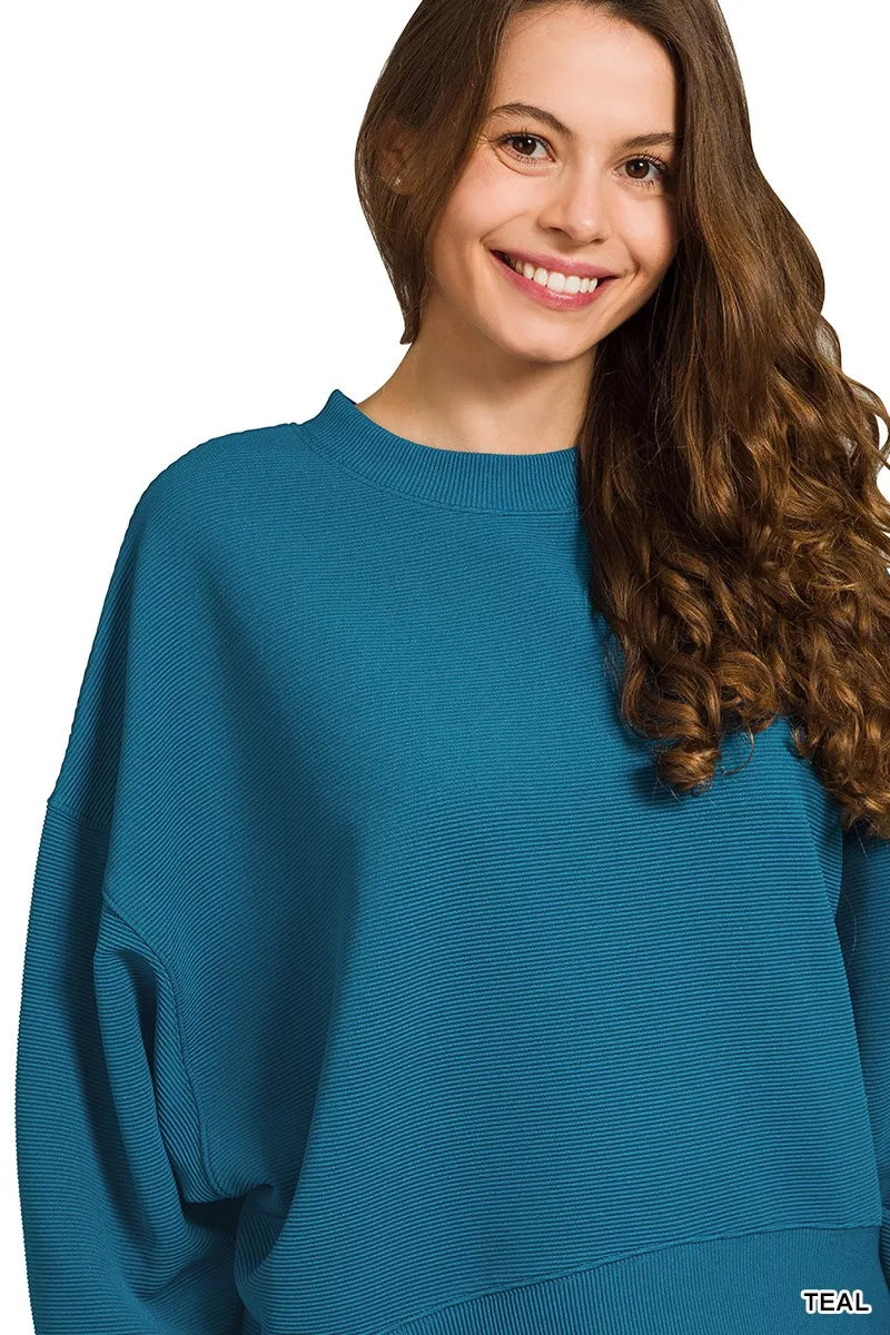 Zenana Teal Ribbed Round Neck Pullover and Drawstring Pants Set