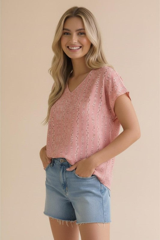 Haptics Coral Bloom Floral Stripe V-Neck Top