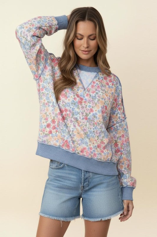 Haptics Triangle Oversized Long Sleeve Floral French Terry Top – Denim/Ivory