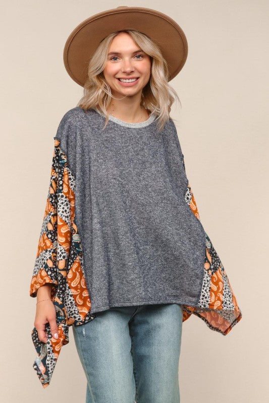 Haptics Two-tone Paisley French Terry Poncho Top