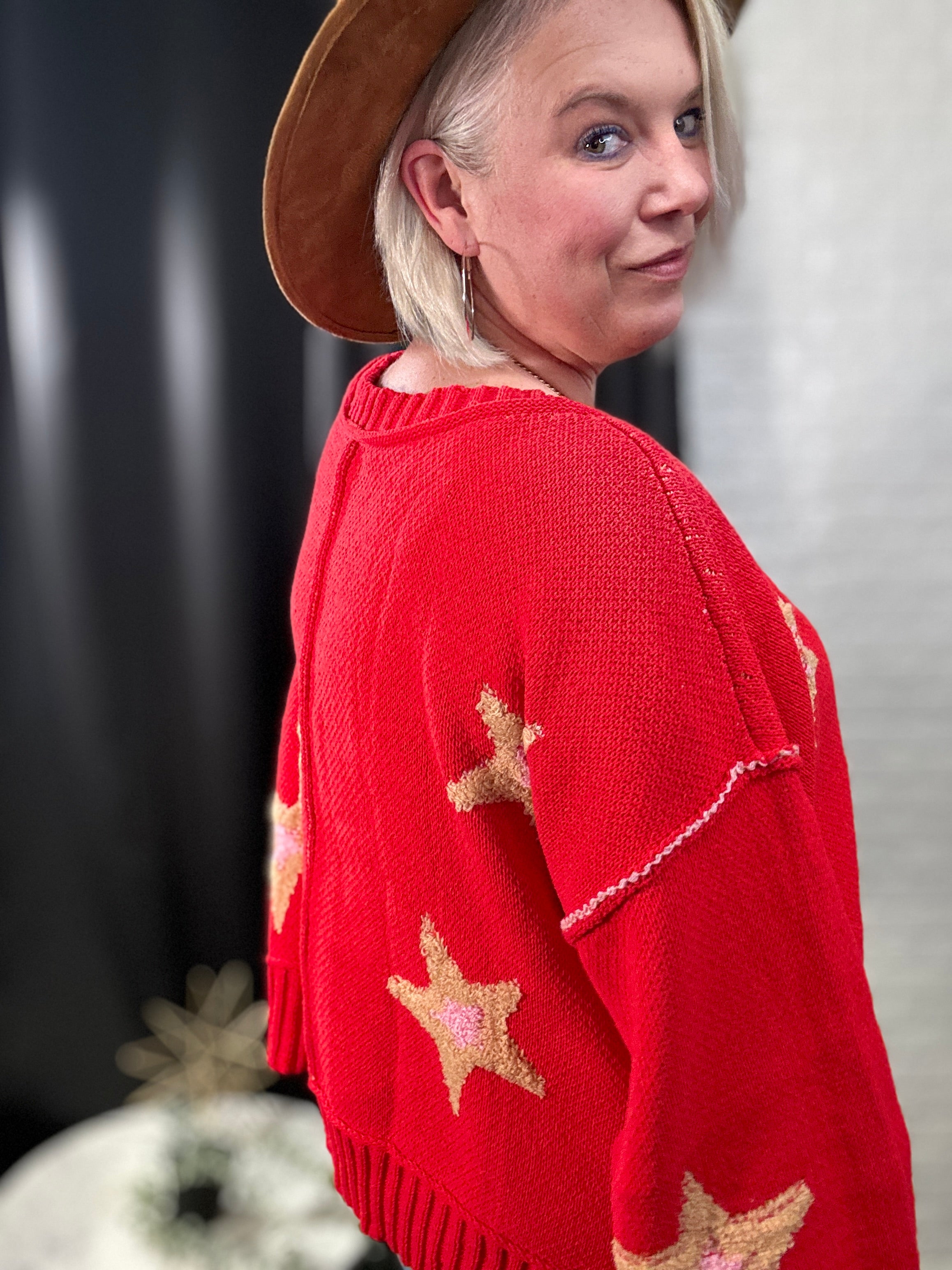 POL Apple Red Long Sleeve Star Patch Sweater Shirts & Tops