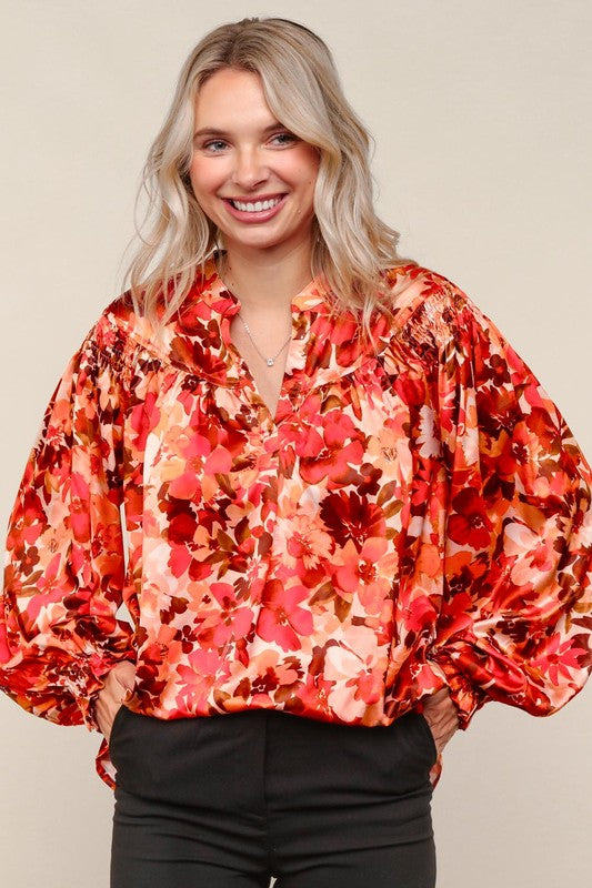 Haptics Rust Floral Print Notched Neck Smocked Satin Blouse