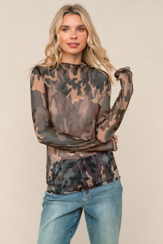 Haptics High Neck Line Camouflage Mesh Semi Sheer Top