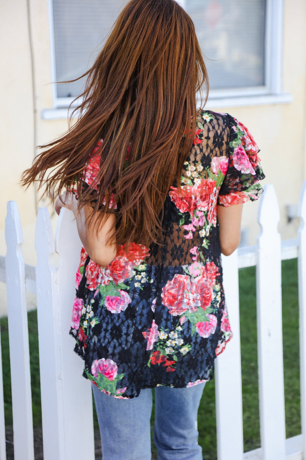 Haptics Black Multicolor Floral Crochet Flutter Sleeve Top