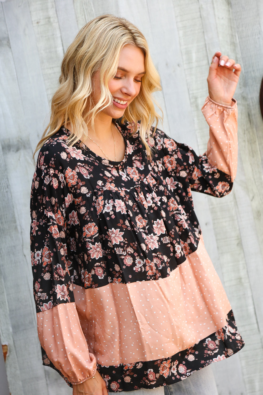 Haptics Tiered Floral Blossoms Bubble Long Sleeve Blouse