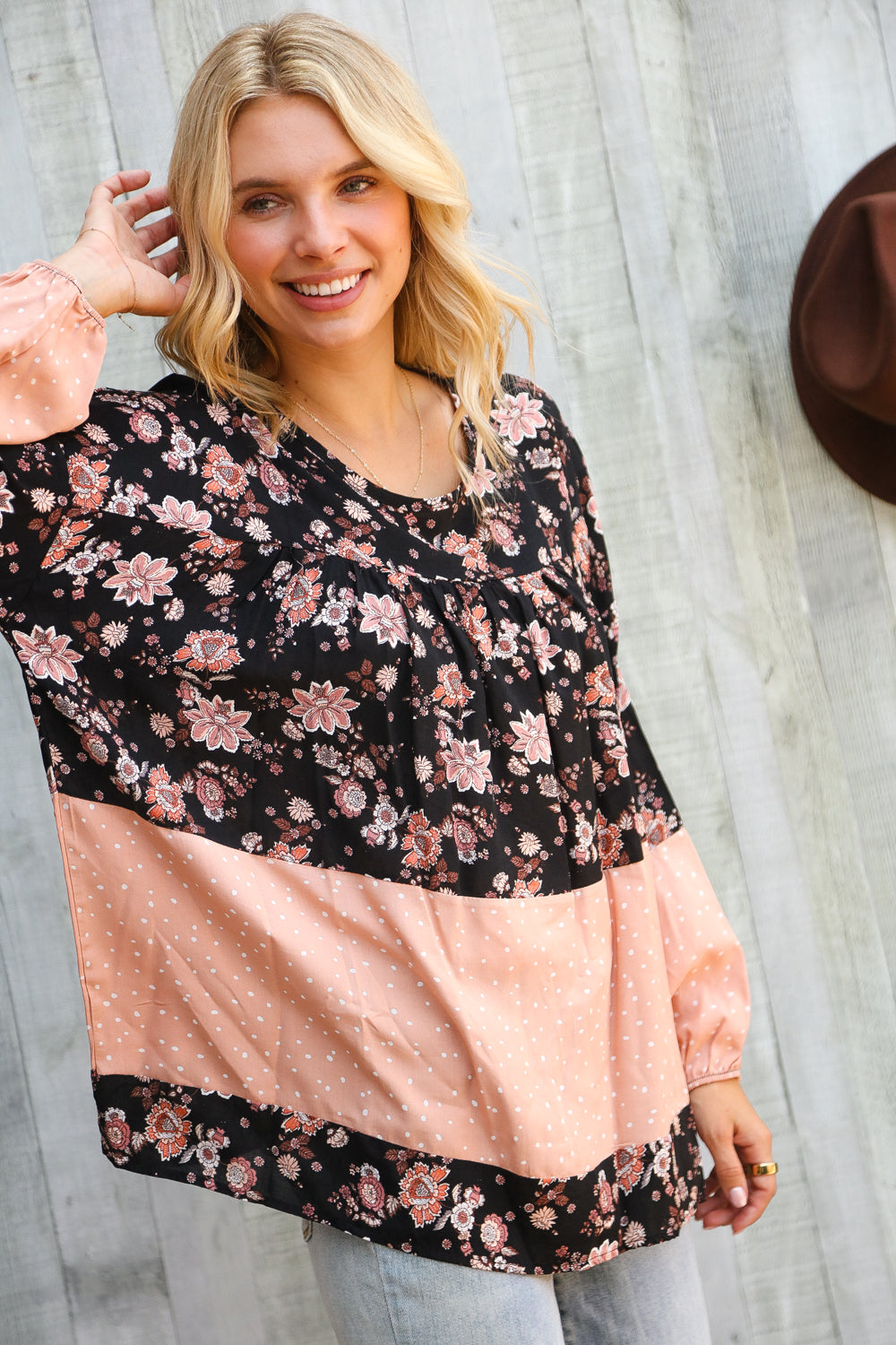 Haptics Tiered Floral Blossoms Bubble Long Sleeve Blouse