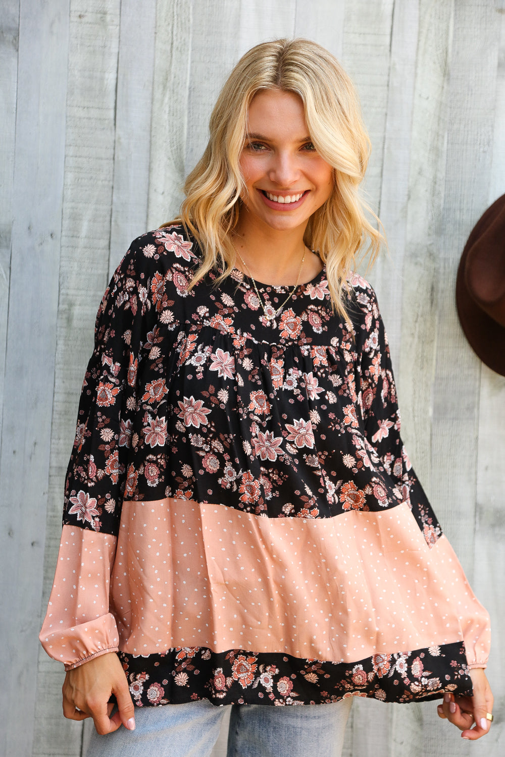 Haptics Tiered Floral Blossoms Bubble Long Sleeve Blouse