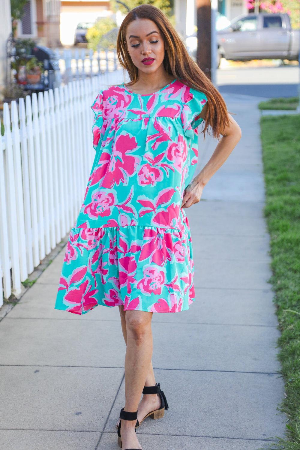 Haptics Aqua Floral Print Tiered Ruffle Sleeve Dress Dresses
