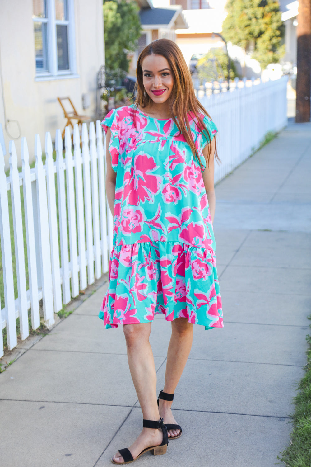 Haptics Aqua Floral Print Tiered Ruffle Sleeve Dress Dresses