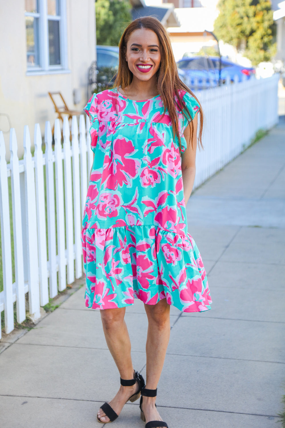 Haptics Aqua Floral Print Tiered Ruffle Sleeve Dress Dresses
