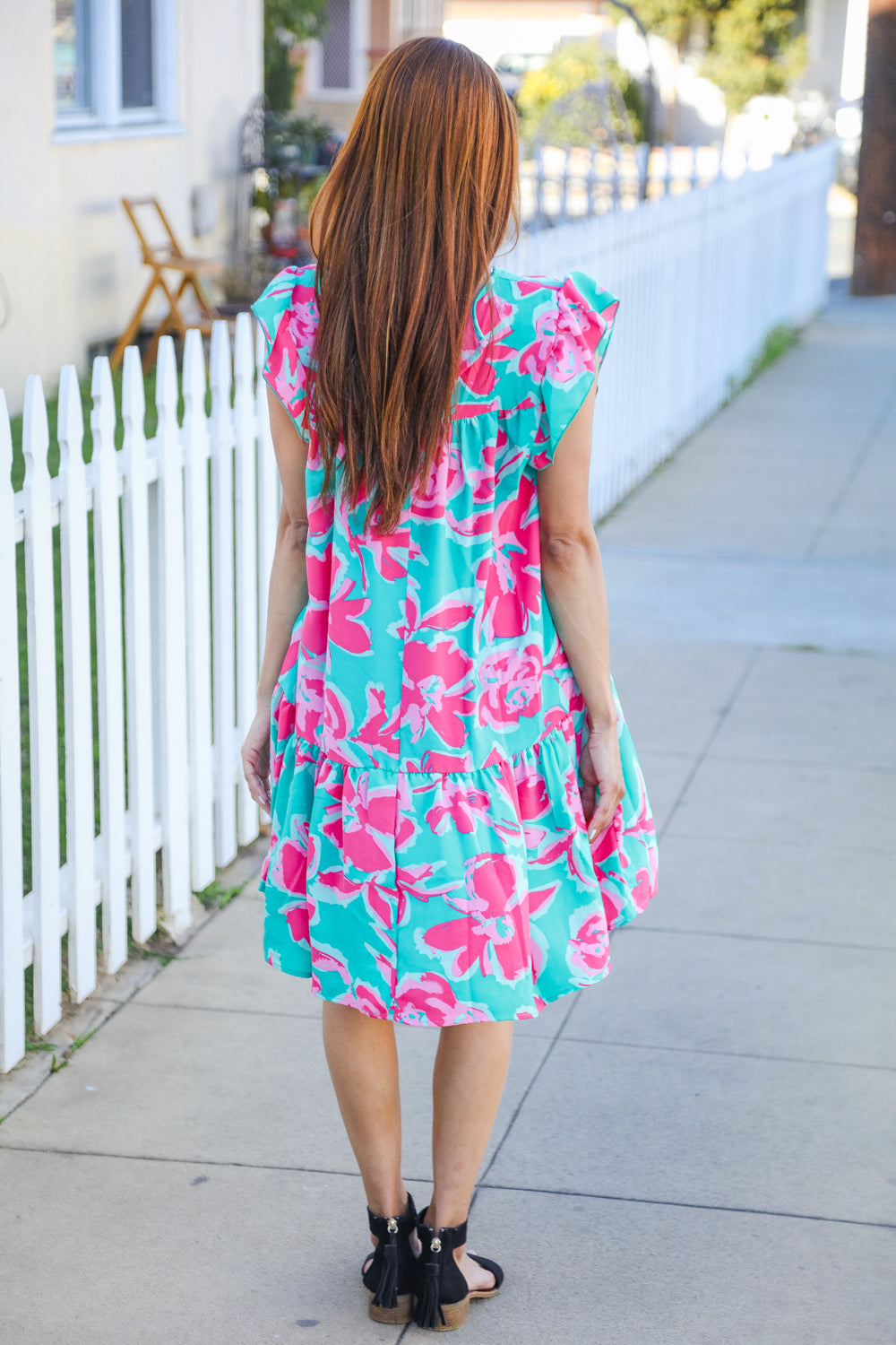 Haptics Aqua Floral Print Tiered Ruffle Sleeve Dress Dresses