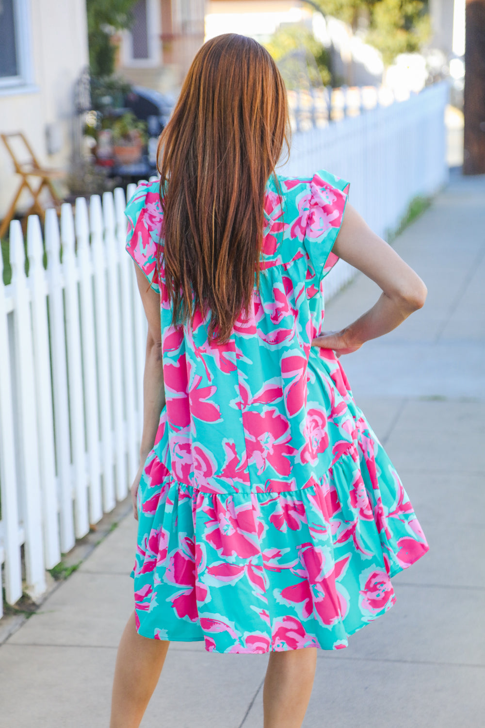 Haptics Aqua Floral Print Tiered Ruffle Sleeve Dress Dresses