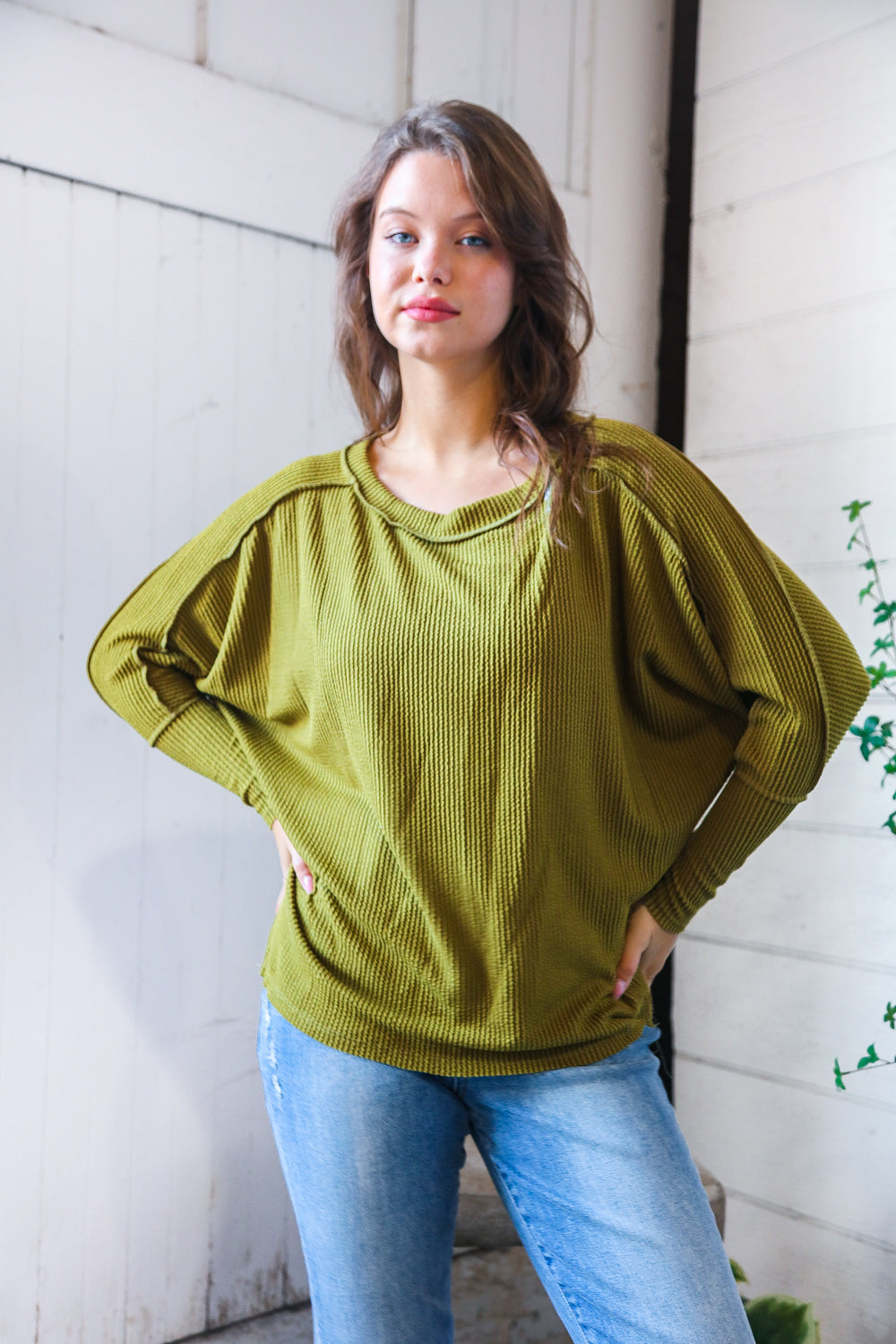 Reborn J Long Sleeve Loose Fit Top in Green Moss