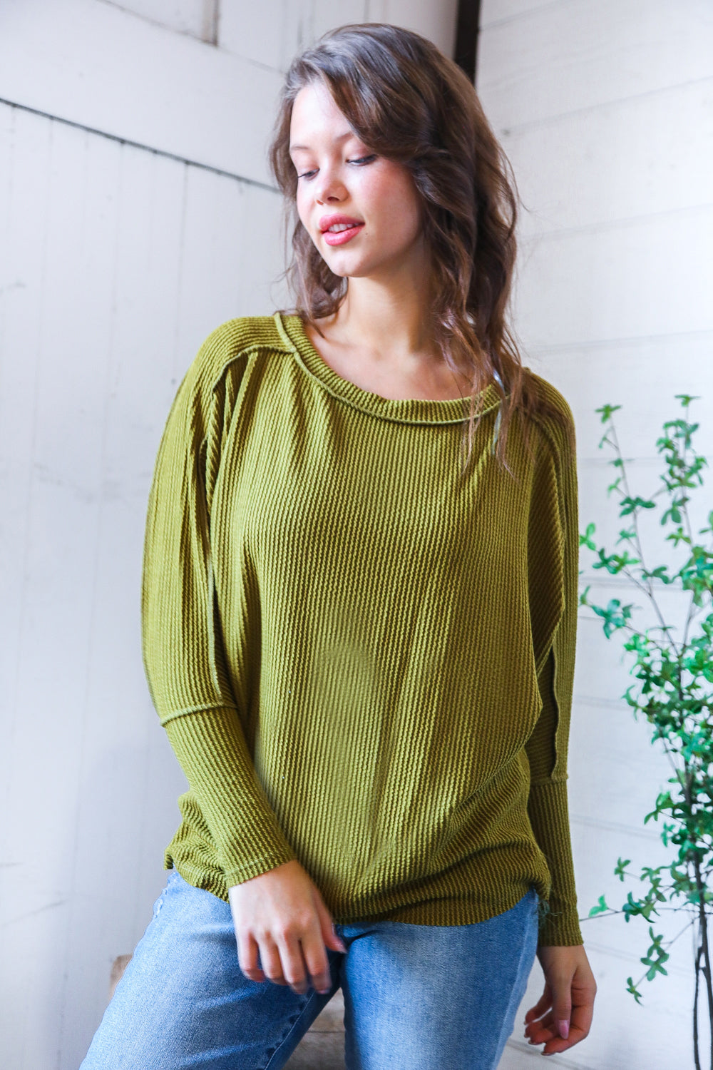 Reborn J Long Sleeve Loose Fit Top in Green Moss