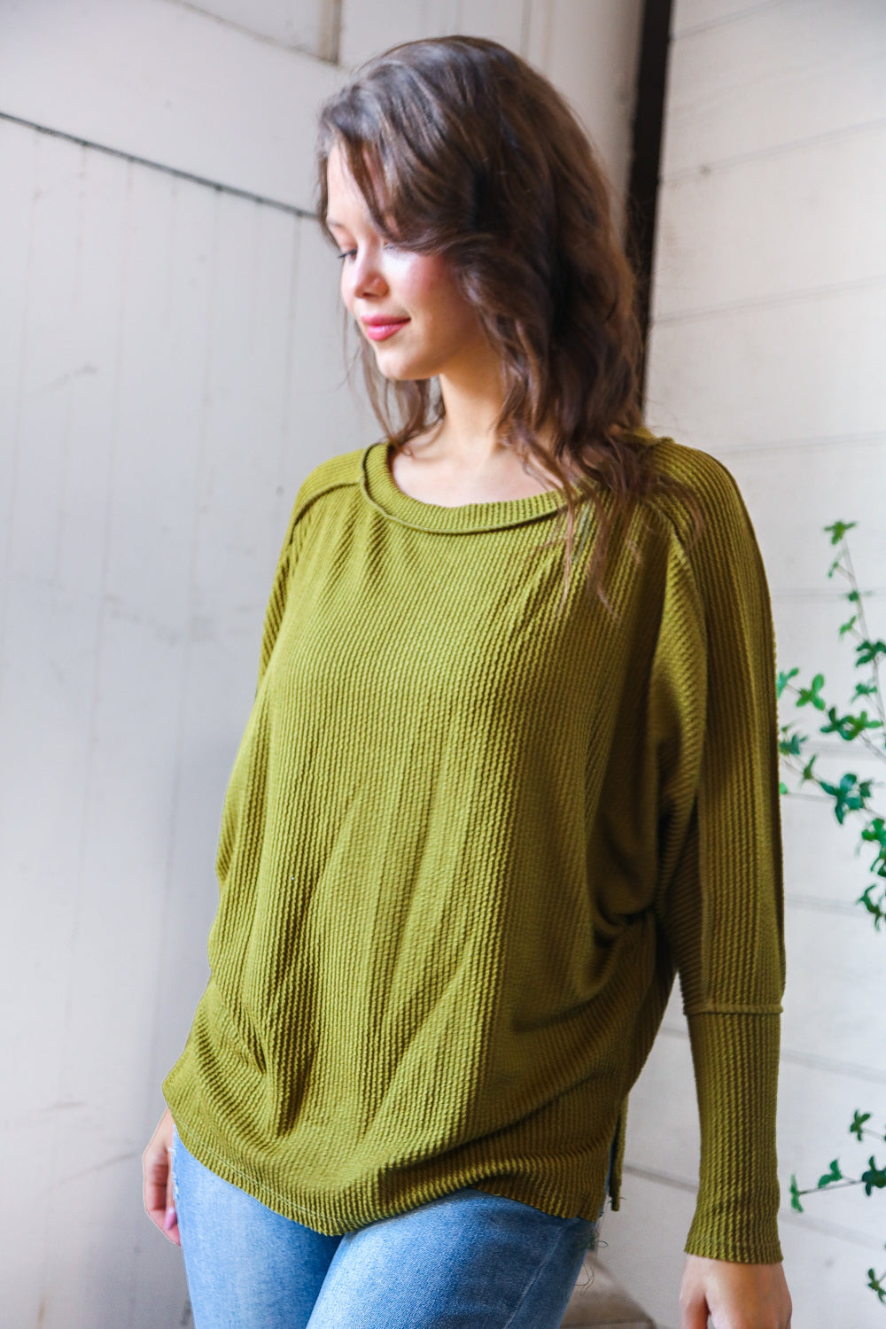 Reborn J Long Sleeve Loose Fit Top in Green Moss