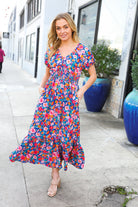Large Haptics Blue Floral Raglan Puff Sleeves V Neck Smocked Waist Maxi Dress