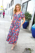 Large Haptics Blue Floral Raglan Puff Sleeves V Neck Smocked Waist Maxi Dress