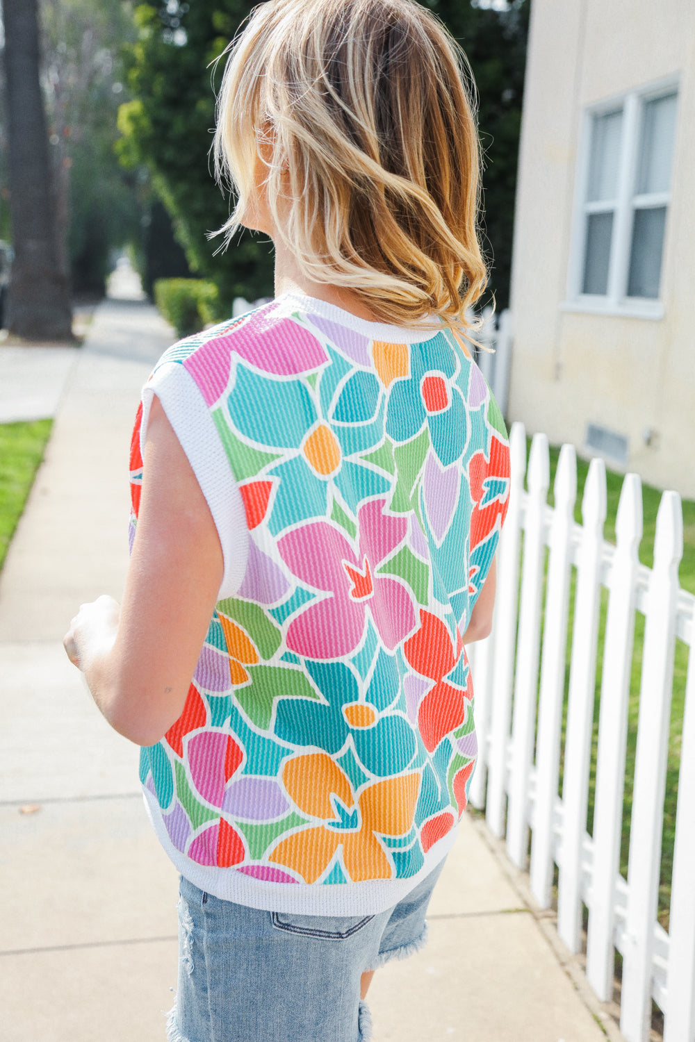 Haptics Teal Multicolor Floral Rib Dolman Sleeve Top