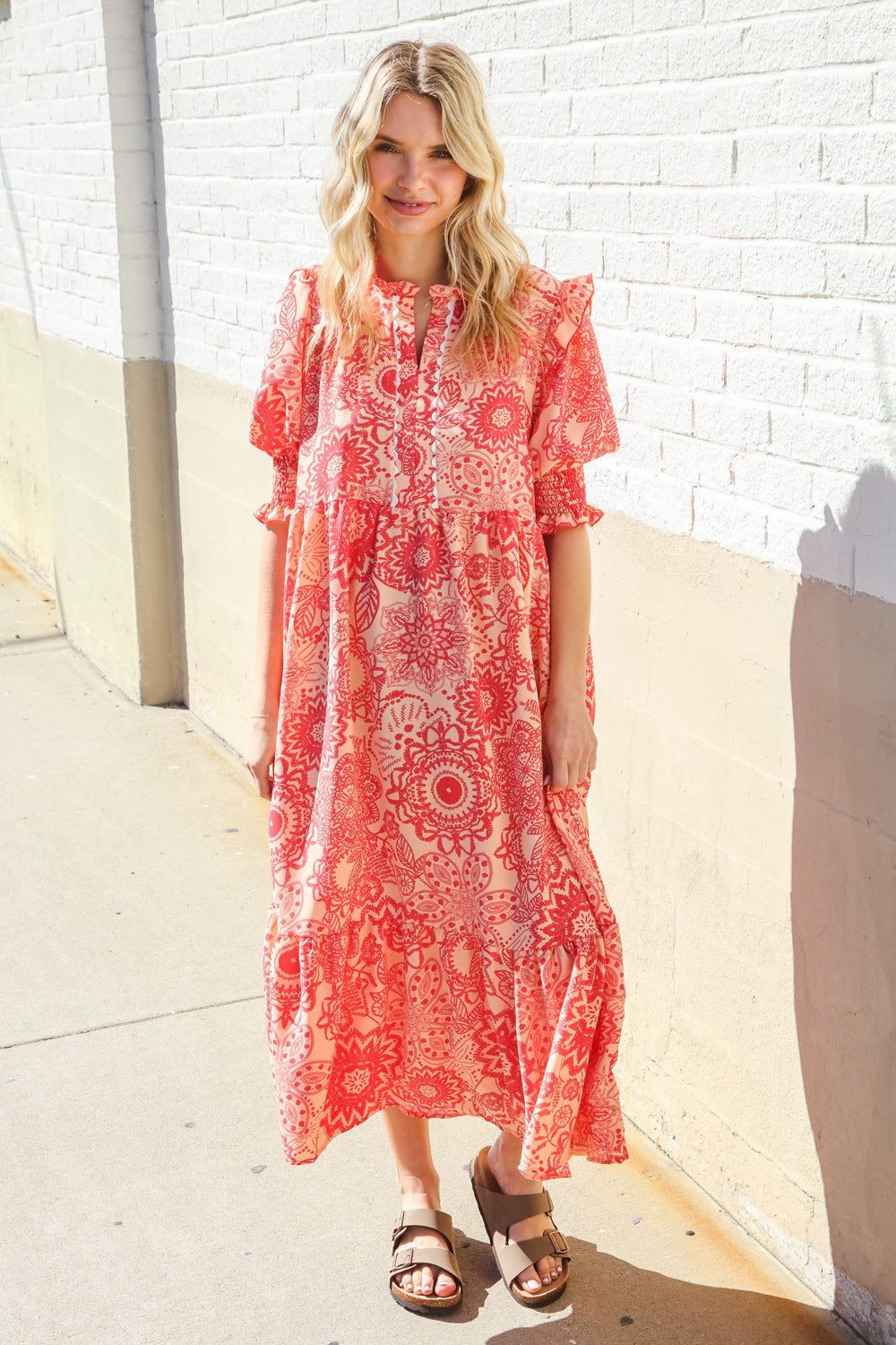 Haptics Coral Scallop Hem Smock Sleeve Midi Dress