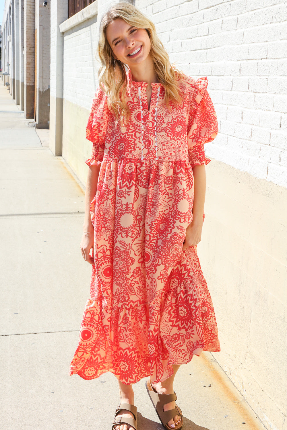 Haptics Coral Scallop Hem Smock Sleeve Midi Dress