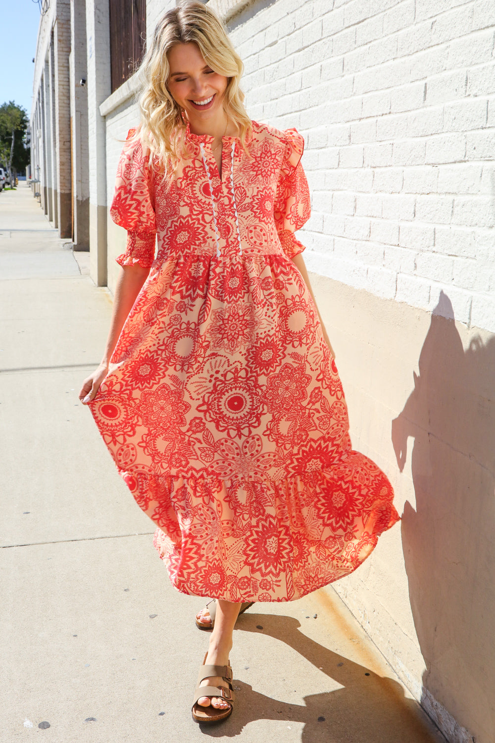 Haptics Coral Scallop Hem Smock Sleeve Midi Dress